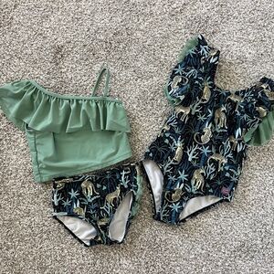 Twin Coordinating Ruffle Butts Green and Black Kids Swim Set